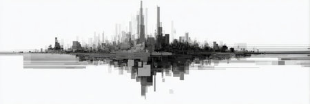 Abstract Skyline Reflection with Digital Noise and Distorted Urban Landscape in Modern Pixel Artの素材