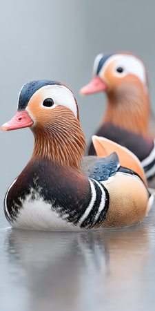 Vibrant Mandarin Duck Couple Swimming Together in a Serene Pond, Showcasing Their Colorful Plumageの素材