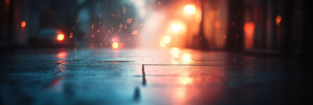 Vibrant City Lights Reflecting on Wet Streets at Night with Colorful Bokeh and Rain Dropletsの素材