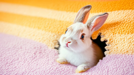 A Cute Cottontail Rabbit Peeking Out from a Cozy Orange Striped Fabric Nest in a Warm Settingの素材