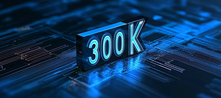 Futuristic celebration with glowing number on tech backdrop marking milestone of three hundred k.の素材