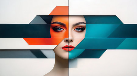 Abstract Portrait of a Stylish Woman with Vibrant Makeup in Geometric Contemporary Art Styleの素材