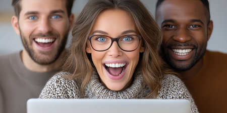 Excited startup team celebrating their digital achievement together in a modern office setting.の素材