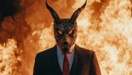 Diabolical Inferno A Business Attire Deceptive Creature Fiery Backround,. Symbolic Imp, Threatの素材