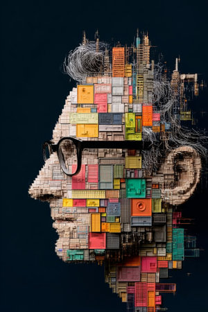 Abstract Geometric Data Mosaic in Computer Graphics, Showcasing Digital Innovation and Designの素材