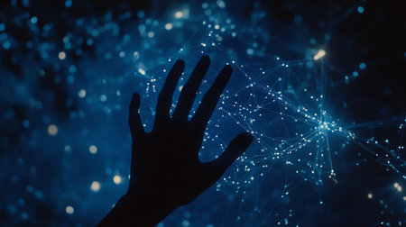 A Human Hand Reaching Out to Connect with Futuristic Digital Dots and Lines in a Sci-Fi Conceptの素材