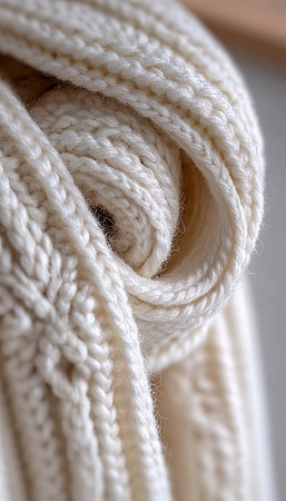 Elegant Handcrafted Winter Woolens Creamy White Scarf with Deep Pile and Cable Knit Designの素材