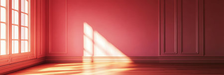 Minimalist Pink Room Bathed in Sunlight from Window, Featuring Wooden Floor and Wall Panelsの素材