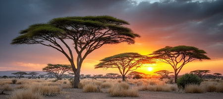 Breathtaking Serengeti Sunset Panorama with Majestic Acacia Trees Illuminated by Golden Hour Lightの素材