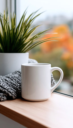 Charming Cozy Autumn Season Still Life with Warm Mug, Floral Pot, and Knit Accessories at Homeの素材