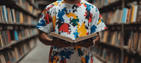 Intellectual individual deeply engrossed in reading a book in a vibrant, colorful library setting.の素材