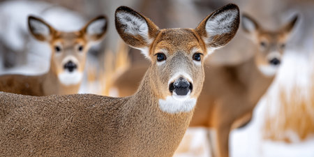 A Tranquil Winter Scene with a Group of White-tailed Does Grazing in a Snow-Covered Forest Clearingの素材