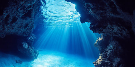 Breathtaking Underwater Cave Entrance Illuminated by Sunlight Beams, Showcasing Vibrant Blue Watersの素材