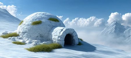 Stunning Nordic Winter Landscape Featuring Igloo, Majestic Mountains, and Dramatic Cloudy Skyの素材