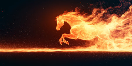 Majestic Fiery Stallion Galloping Through Ethereal Landscape, Power and Grace on Dark Backgroundの素材