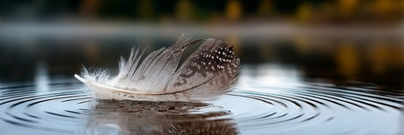 Graceful Bird Feather Drifting on a Calm Lake, Creating Soft Ripples in Autumn s Tranquil Watersの素材