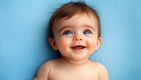 Adorable Baby with Big Blue Eyes Smiling Upward on a Soft Blue Background, Pure Joy in Childhoodの素材