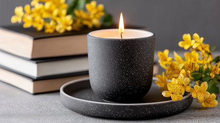 Cozy Still Life with a Softly Lit Candle, Vibrant Spring Flowers, and Stacked Vintage Books Displayの素材