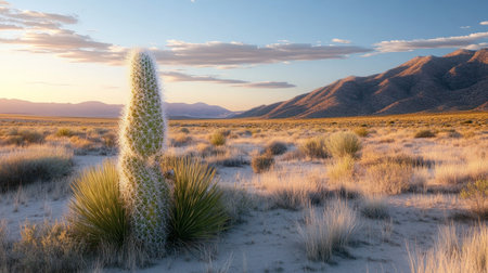 Stunning desert landscape with majestic mesas and tall saguaro cacti illuminated by the golden sun.の素材