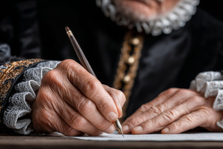 Elderly Hands Dressed in Historical Attire Signing an Ancient Handwritten Document with Careの素材