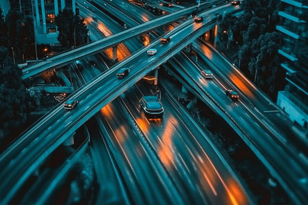 Aerial View of Illuminated Highways and Urban Overpasses Connecting Cityscape at Night Timeの素材