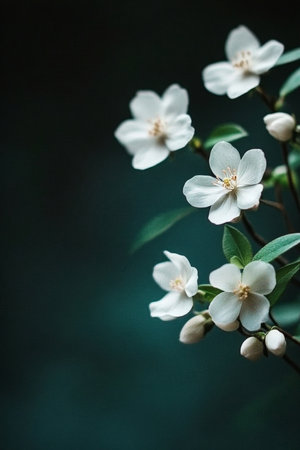 Dark Moody Garden Serenity with White Blossoms Harmony on Delicate Branches and Natural Beautyの素材