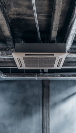 Modern Industrial Ceiling Air Conditioning with Concrete Structure and Ductwork in Office Designの素材