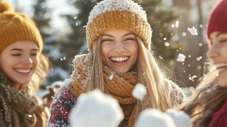 Joyful women enjoying winter fun at a snowy park, laughing and throwing snowballs in the airの素材