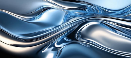 Abstract Metallic Stream with Blue and Gray Tones, Flowing Liquid Style and Chrome Waves Designの素材