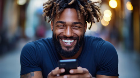 Man Joyfully Engages with Money Management App, Showcasing Financial Literacy and Modern Lifestyleの素材