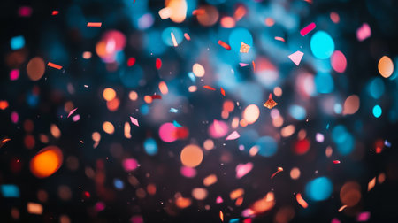 Vibrant New Year Eve Celebration with Colorful Confetti Bursts and Stunning City Lights at Midnightの素材