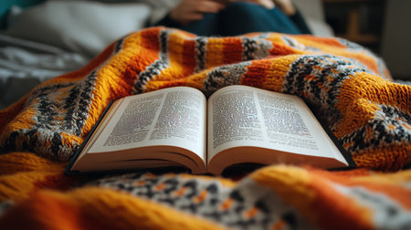 Inviting and Cozy Reading Nook Featuring a Colorful Blanket, Book, and Warm Indoor Atmosphereの素材