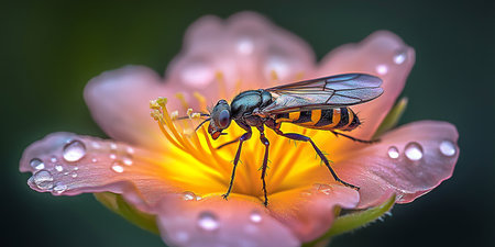 Macro Photography of a Colorful Insect Resting on a Flower Petal with Glimmering Water Dropletsの素材