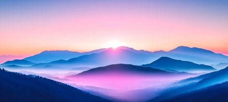 Peaceful Serenity on Misty Horizon at Alpine Dawn With Dreamy Shades and Mountain Silhouetteの素材