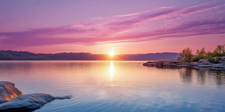 Stunning Sunrise Over Calm Lake, Vibrant Colors Reflecting on Still Waters, Nature s Beauty Capturedの素材