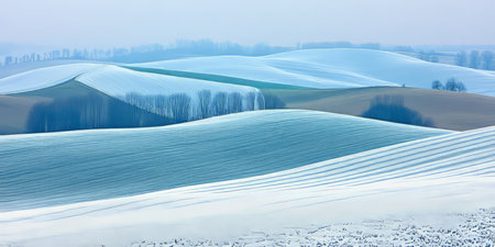 Peaceful Winter Landscape with Snow-Covered Hills, Tranquil Blue Sky, and Scenic Farmland vistasの素材