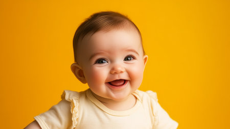 Radiant Joy A Charming Baby Exudes Delight with Adorable Smile in Sunlit Studio Shotの素材
