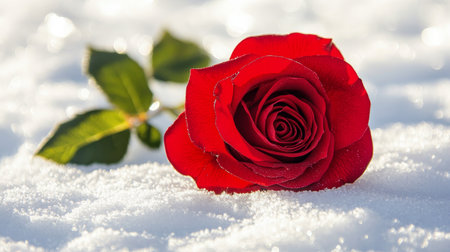 Vibrant Crimson Red Rose Laying Gracefully On A Pristine White Snowy Background, A Symbol of Loveの素材