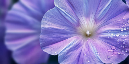 A Close-Up of a Delicate Periwinkle Bloom with Water Drops Highlighting Its Veins and Serenityの素材