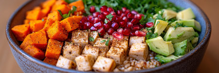 Colorful Vegan Salad Bowl with Fresh Avocado, Roasted Sweet Potato, and Pomegranate Seeds Delightの素材