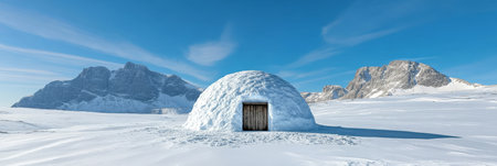 Lonely Igloo in a Snowy Field with Majestic Mountains in the Background, Evoking True Adventureの素材