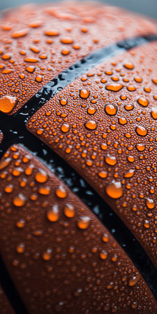 Close-Up of a Sport Ball Surface with Fresh Raindrops Highlighting Texture and Details of the Gameの素材
