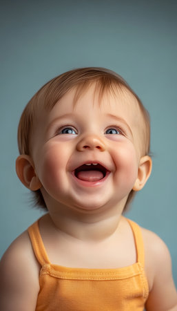 Adorable newborn baby with an infectious smile, joyfully anticipating bright moments of happiness.の素材