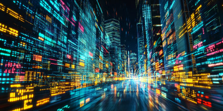 Futuristic Cityscape with Advanced AI Communication Network and Abstract Data Stream Visualizationの素材