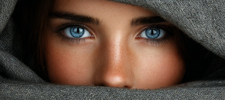 Intense Blue Eyes Gaze Through Soft Gray Fabric, Capturing Deep Emotion and Intriguing Mystery.の素材