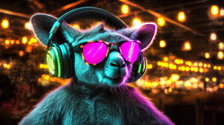 Vibrant DJ with Funky Headphones and Cool Animal Ready to Party Under Blurry Color Spotlightsの素材