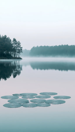 Serene Lakeside Sunrise Misty Blue Waters, Forest Reflections, and a Peaceful Morning Atmosphereの素材