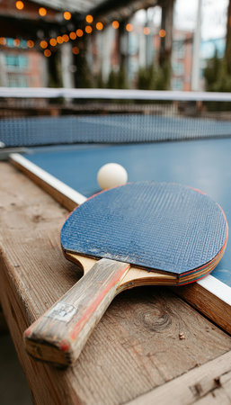 Outdoor Ping Pong Still Life Presentation with Blurred Lights, Paddle on Side, and Summer Vibesの素材