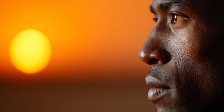 Thoughtful African American Man in Sunrise Glow, Capturing Serenity and Inner Strength in Natureの素材