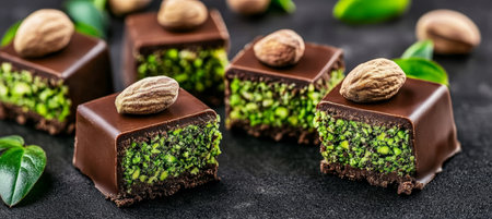 Delicious Middle Eastern Knafeh Cake Slices with Pistachio Topping and Vibrant Green Fillingの素材